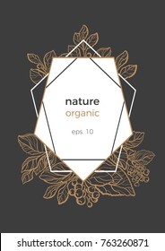 Modern template with gold and black design invitation. Symbol nature card of mate bouquet with art line branch, leaf, berry and flower. Trendy flyer with geometric of hexagonal. Vector illustration 