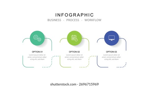 La infografía de Plantilla moderna con procesos de 3 pasos e íconos se puede utilizar para el flujo de trabajo, la información comercial, la presentación y la visualización de datos.