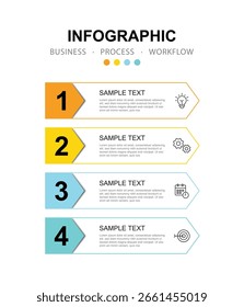 Infográfico de modelo moderno com processo de 4 etapas e ícones podem ser usados para fluxo de trabalho, informações de negócios, apresentação e visualização de dados