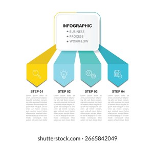 Moderne Vorlagen-Infografik mit 4-stufigem Prozess und Symbolen für Workflow, Geschäftsinformationen, Präsentation und Datenvisualisierung