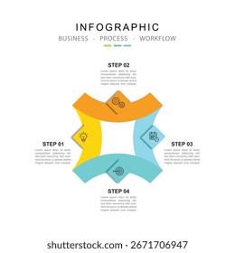 Moderne Vorlagen-Infografik mit 4-stufigem Prozess und Symbolen für Workflow, Geschäftsinformationen, Präsentation und Datenvisualisierung