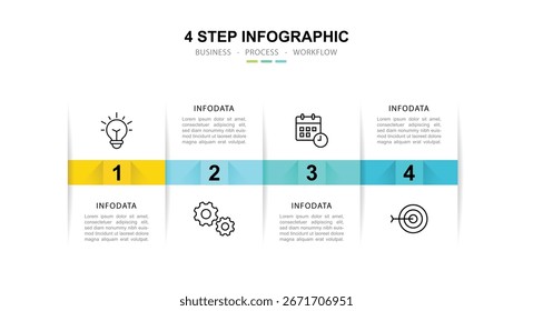 Modern template infographic with 4 step process and icons can be used for workflow, business information, presentation and data visualization