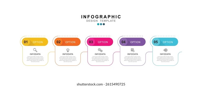 Modern template infographic with 5 step process and icons can be used for workflow, business information, presentation and data visualization