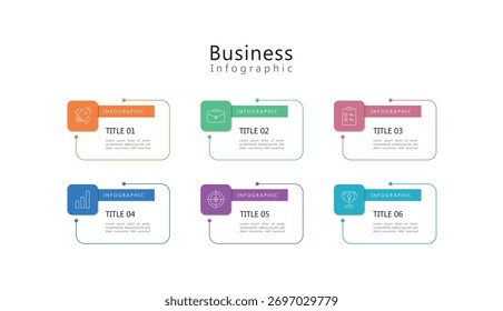 Infográfico de modelo moderno com processo de 6 etapas e ícones podem ser usados para fluxo de trabalho, informações de negócios, apresentação e visualização de dados.