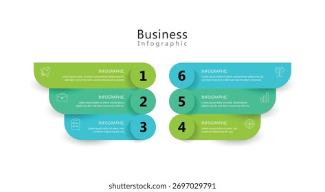 La infografía de Plantilla moderna con procesos de 6 pasos e íconos se puede utilizar para el flujo de trabajo, la información comercial, la presentación y la visualización de datos.