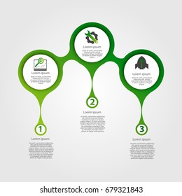 Modern template for infographic circles. Template for graphics, presentation, business, web design, reports. Colorful chart with 3 steps, parts by stages. Three drops with space for text and icons.