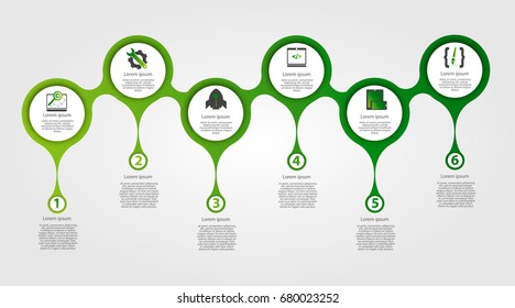 Modern template for infographic circles. Template for graphics, presentation, business, web design, reports. Colorful chart with 6 steps, parts by stages. Six drops with space for text and icons.