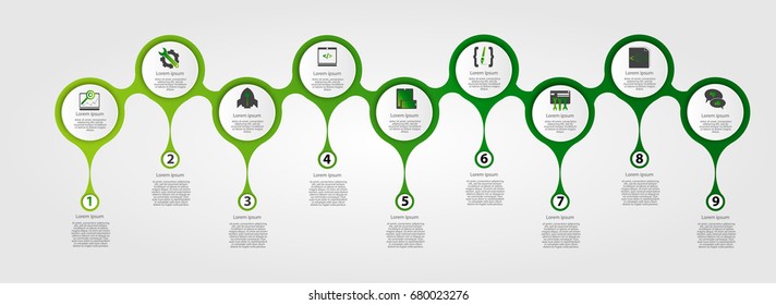 Modern template for infographic circles. Template for graphics, presentation, business, web design, reports. Colorful chart with 9 steps, parts by stages. Nine drops with space for text and icons.