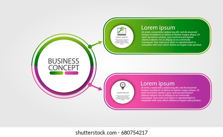 Modern template for infographic circles. Template for graphics, presentation, business, web design, reports. Colorful chart with 2 steps, parts by stages. Two circles with space for text and icons.