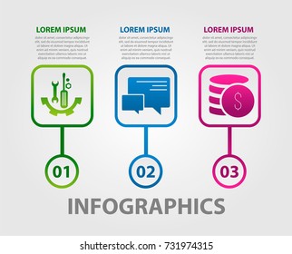 Modern template for infographic circles. Template for graphics, presentation, business, web design, reports. Colorful chart with 3 steps, parts by stages. Three circles with space for text and icons.