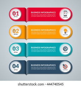 Modern template for infographics. Vector banner with 4 options, steps, parts, buttons. Business concept with circle elements and icons. Can be used for workflow layout, diagram, graph, web design.