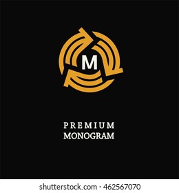 Modern template monogram, emblem, logo. Circle of stripes and arrows symbolizing the development, cyclicity, stability.