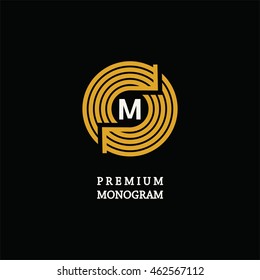 Modern template monogram, emblem, logo. Circle of stripes and arrows symbolizing the development, cyclicity, stability.