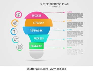 Modern Template Multi Color Segmented Light Bulb Infographic 5 Steps Business Plan Success Circle with Color Bars and Icons in the Center Dotted Line clean gray gradient background