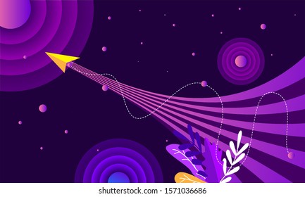 Modern template start web page flat design style. Spaceship startup business project, rocket flying on the sky. Vector illustration