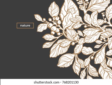 Modern template. Tropic design. Symbol nature card of mate branch with art line leaf, berry and flower. Trendy vector realistic illustration. Organic invite on black background. Floral logo Copy space