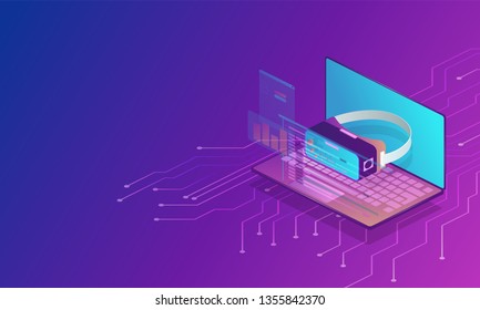 Modern template for web design. Information technology vector illustration concept. Digital gadget. Science background. Abstract vr, future technology concept. Virtual reality 3d. Landing page