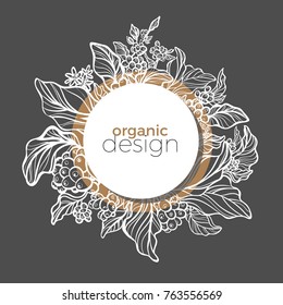 Modern template with white and black design organic product. Symbol nature card of coffee branch with art line leaf, bean and flower. Trendy frame with geometric of circle. Vector real illustration 