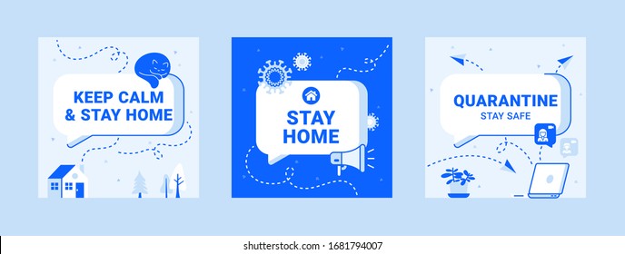 Modern templates about quarantine. Stay home safe icons with text box, speaker, virus, cat, laptop and plant