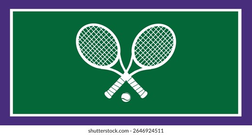 Modern tennis poster design with two white rackets and ball on green court background. Flat minimal vector illustration for championship promo.