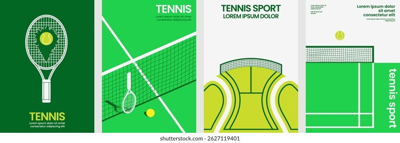 Modern tennis poster set with abstract illustrations of court, racket, and ball perfect for sports branding, clubs, or promotional materials.