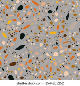 Modern terrazzo seamless pattern. Chaotic mosaic stone pieces endless texture. Textile, tile design, fabric print, wrapping paper, wallpaper, flooring. Vector illustration.