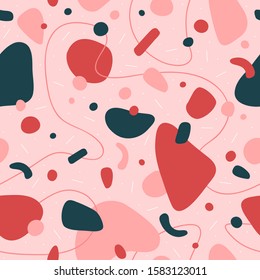 Modern terrazzo seamless pattern with pastel abstract shapes, line. Contemporary background in Scandinavian style. Hand drawn trendy texture for print, design, fabric. Vector illustration