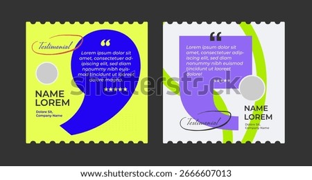 Modern testimonial template design with bold quotation marks, vibrant colors, and abstract shapes for showcasing client reviews
