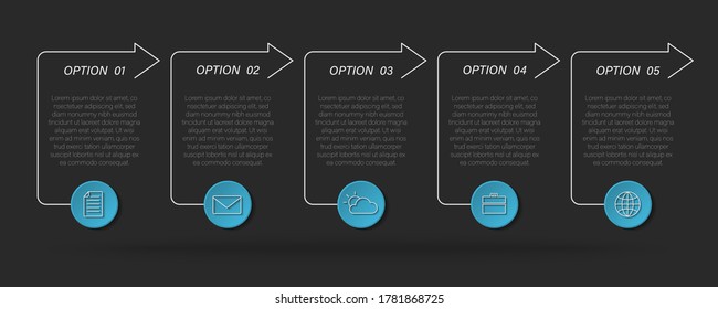 Infografía moderna de cuadro de texto, proceso de línea de tiempo con 5 opciones, flechas, ilustración vectorial