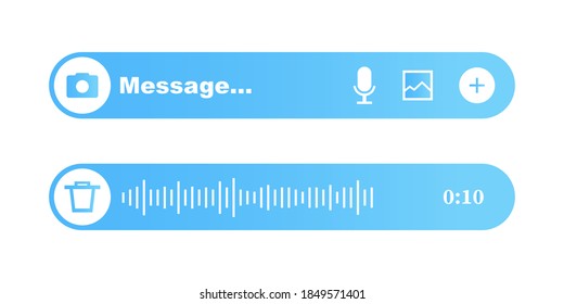 Modern text and voice message ui. Messenger textbox and audio waveform. Voice and chat message bubbles. Vector design template. Mockup template. Vector ui screen. App interface template. EPS 10