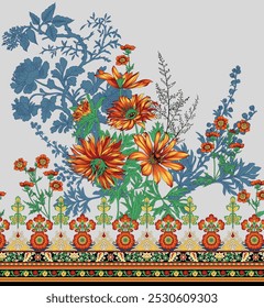 Modern Textile Art Highlighting Bold Floral Patterns for Shirts and Dupatta Prints.