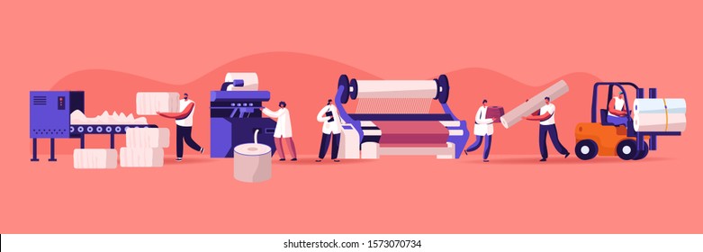 Modern Textile Factory. Automated Machine for Yarn Producing. Manufacturing of Cotton Fibers Wrapping Machine Screwed on Big Shaft. Forklift Shipping. Plant Equipment. Cartoon Flat Vector Illustration