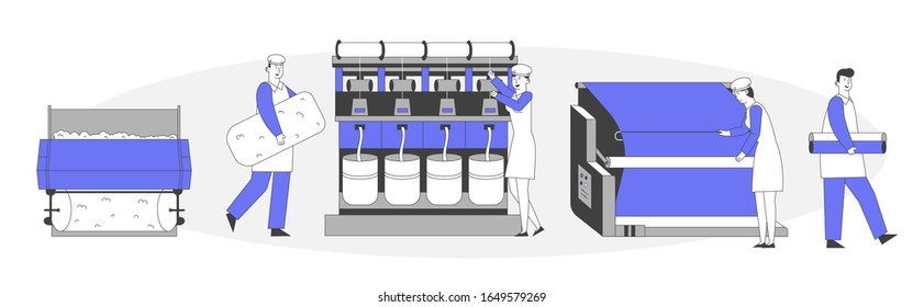 Modern Textile Factory. Automated Machine for Yarn Producing. Manufacturing of Wool Fibers Wrapping Machine Screwed on Big Shaft. Plant Machinery Equipment. Cartoon Flat Vector Illustration, Line Art