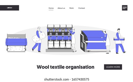 Modern Textile Factory Website Landing Page. Automated Machine Producing Yarn. Manufacturing of Wool Fibers with Plant Machinery Equipment Web Page Banner. Cartoon Flat Vector Illustration Linear