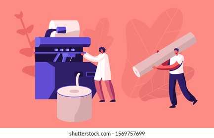 Modern Textile Factory Working. Automated Machine for Yarn Producing. Manufacturing of Cotton Fibers Wrapping Machine Screwed on Big Shaft. Plant Machinery, Equipment. Cartoon Flat Vector Illustration