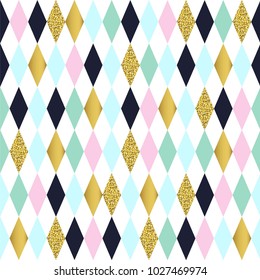 Modern texture with rhombuses, squares. Gold and glitter texture. Stylish vector pattern. Repeating geometric tiles.