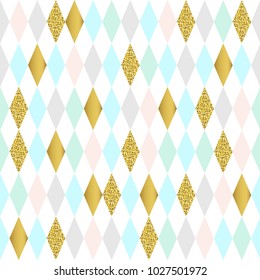 Modern texture with rhombuses, squares. Gold and glitter texture. Stylish vector pattern. Repeating geometric tiles.