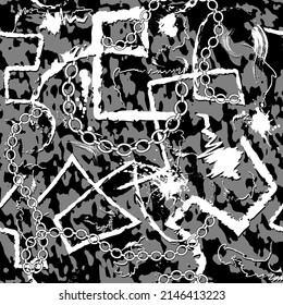 Modern textured dirty seamless pattern. Spotted black and white trendy background. Repeat vector grunge backdrop. Hand drawn doodle greek symbols, chains, brush strokes, splashes. Abstract ornaments.