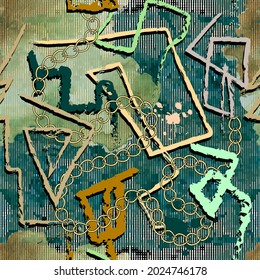 Modern textured grunge seamless pattern. Rough colorful  background. Repeat vector dirty backdrop. Hand drawn doodle greek symbols, meanders, signs, chains, brush strokes, splashes. Abstract ornament