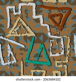 Modern textured grunge seamless pattern. Rough colorful mosaic background. Repeat vector dirty backdrop. Hand drawn grungy doodle symbols, signs, triangles, spiral. Abstract greek old style ornaments.