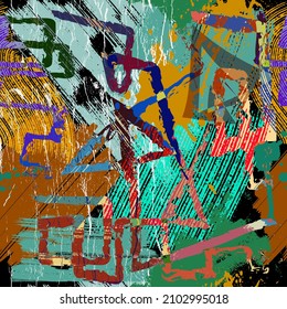 Modern textured grunge seamless pattern. Rough colorful trendy background. Repeat vector dirty backdrop. Hand drawn abstract graffiti style ornaments. Endless texture. Art. Doodle symbols, signs.