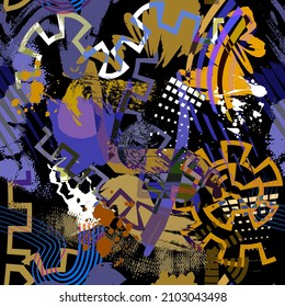Modern textured grunge seamless pattern. Rough colorful trendy background. Repeat vector dirty backdrop. Hand drawn doodle brush strokes, lines, splashes. Abstract graffiti style ornaments. 