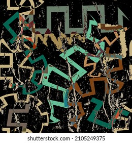 Modern textured grunge seamless pattern. Rough colorful  background. Repeat vector dirty backdrop. Hand drawn doodle brush strokes, lines, zigzag, symbols. Abstract greek ancient old style ornaments.