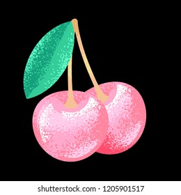 Modern textured, hand drawn cute pink cherry vector illustration. On black background.