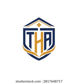 Modern THA monogram logo featuring a medical cross, protective shield, and roof-inspired design. Clean blue and gold vector identity ideal for hospitals, clinics, healthcare brands, pharmacies, medical centers, and professional healthcare businesses.