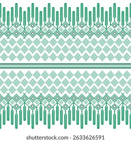 Modern Thai Pattern – Green and White Geometric Flowers with Square and Dok Jok Elements