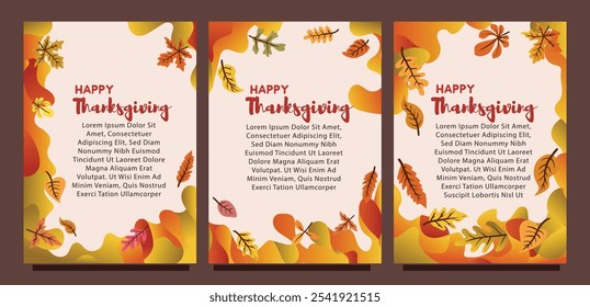 Modern Thanksgiving Card Set with Abstract Autumn Background. print size set of thansgiving card template concept. liquid abstract background with autumn leaves vector illustration