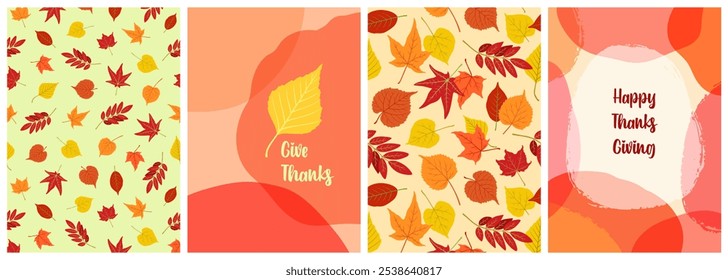 Modern Thanksgiving design templates with fall leaves. Autumn background frames. Organic foliage vector. Falling leaf shapes. For poster, cover, greeting card. Happy thanksgiving and give thanks text.