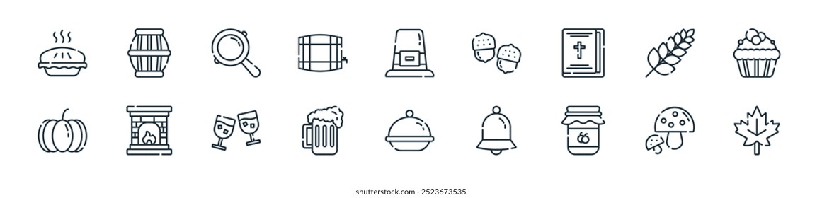 modern thanksgiving icon pack. perfect for linear ui designs featuring vector maple leaf, mushroom, jam jar, bell, food tray, beer, wine glass and more icons for mobile and web apps.