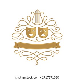 Modern theatre banner or poster design with comedy and tragedy masks and lyre symbol. Drama school logo, emblem, label.